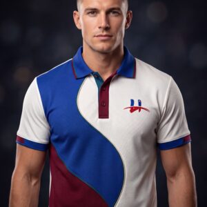 Men's "Surge" Wave Color-Block Performance Polo – White/Cobalt/Burgundy