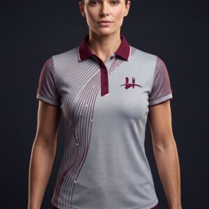 Women's "Meridian" Asymmetrical Linework Polo – Silver & Wine
